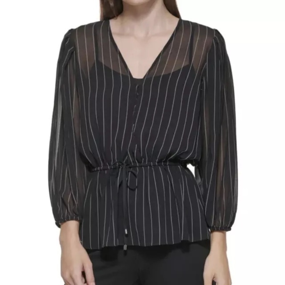 DKNY Tie Waist V-Neck Pinstrip Blouse 2- Piece Size XS NWT